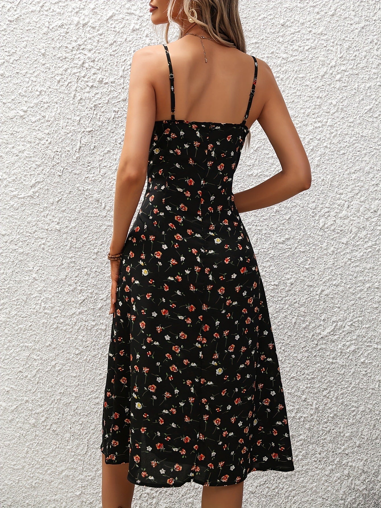 Polka Dot High-Split Maxi Dress with Adjustable Suspender Straps