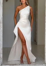 Solid Color One-Shoulder Party Dress