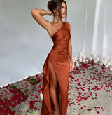 Solid Color One-Shoulder Party Dress
