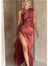 Solid Color One-Shoulder Party Dress