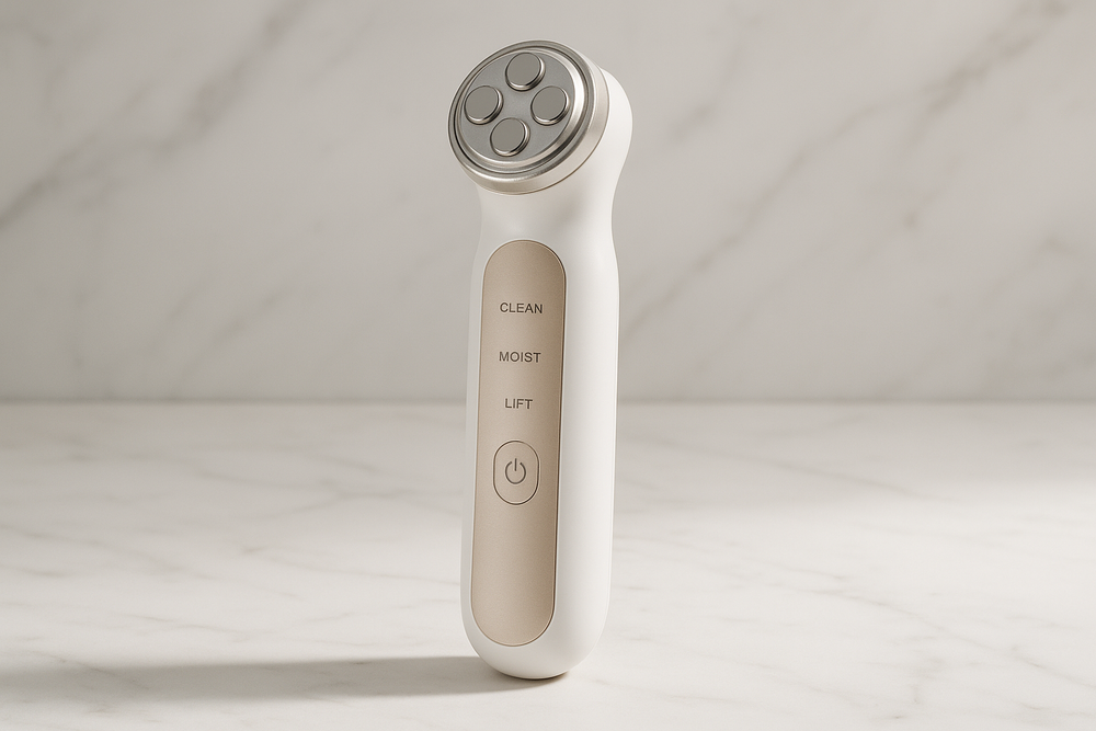 Modern skincare technology device on a clean marble surface with soft lighting, featuring sleek white and beige design elements, professional product photography style for beauty tech brand