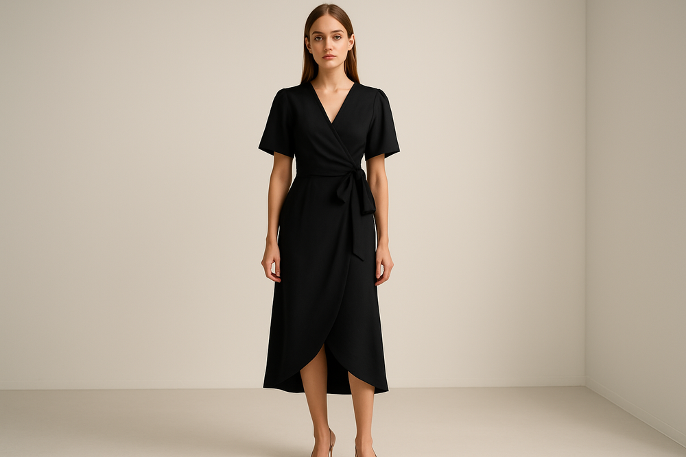Professional fashion photography of a woman wearing an elegant, stylish dress in a modern studio setting with clean lighting and neutral background, suitable for e-commerce website